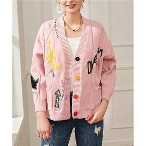 Ebossy Chunky Knit Patchwork Embroidered Cardigan in Pink XL